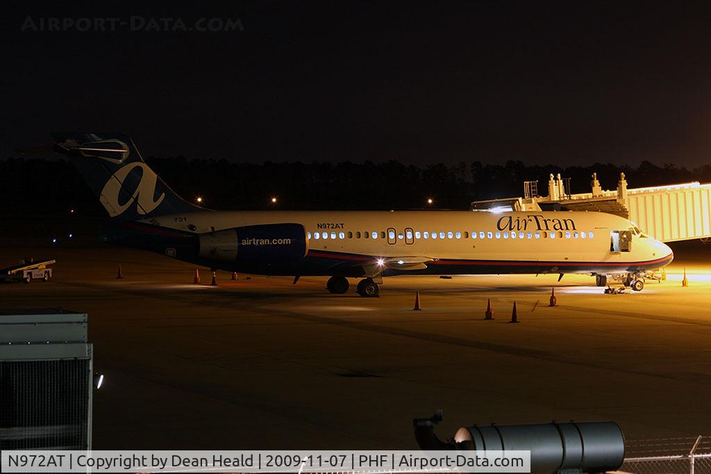 N972AT, 2001 Boeing 717-200 C/N 55033, airTran Airways N972AT parked at Gate 4. This aircraft arrived from New York La Guardia (KLGA) as Flight 915 some 35 minutes earlier. It will stay overnight and depart early in the morning to Boston Logan Int'l (KBOS) as Flight 238.