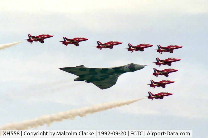 XH558, 1960 Avro Vulcan B.2 C/N Set 12, Avro 698 Vulcan B2 at At Cranfield's Dreamflight Air Show in 1992. The last public flight of XH558 by the Royal Air Force.