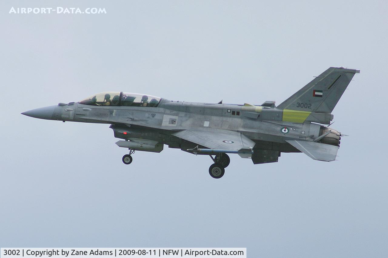 3002, 2000 Lockheed Martin F-16F Fighting Falcon C/N RF-2, UAE registered F-16F flying as an electronics test bed airframe for Lockheed Martin. Landing at NAS Ft. Worth