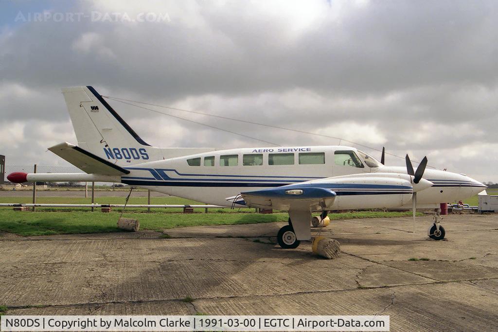 N80DS, Cessna 404 Titan Titan C/N 404-0427, Cessna 404 Titan at Cranfield Airport, UK. Aero Service was a Geophysical Service company, conducting aeromagnetic surveys. The 'tail stinger' housed a magnetometer that made observations of the earth's magnetic field.