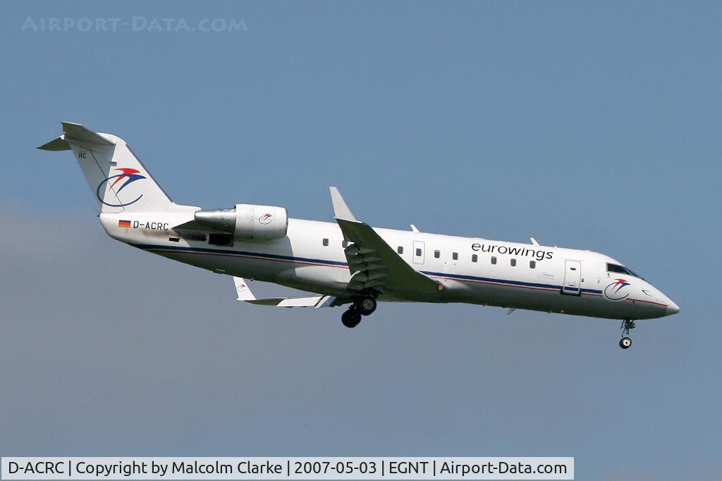 D-ACRC, 2001 Canadair CRJ-200ER (CL-600-2B19) C/N 7573, Canadair CL-600-2B19 Regional Jet CRJ-200ER  on approach to rwy 07 at Newcastle Airport, UK