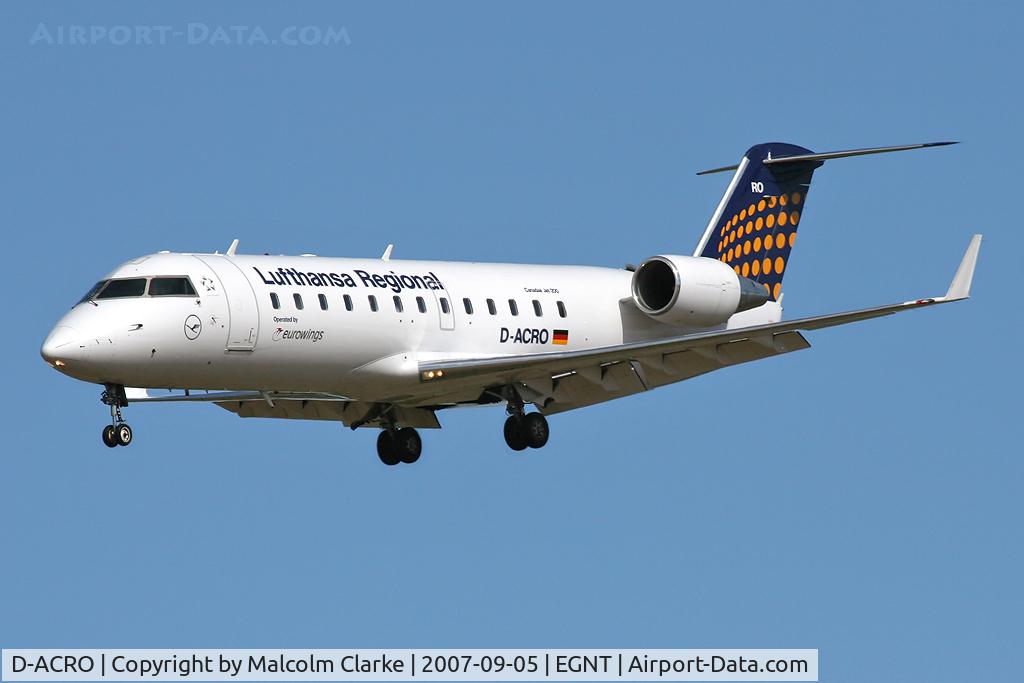 D-ACRO, 2001 Canadair CRJ-200LR (CL-600-2B19) C/N 7494, Canadair CL-600-2B19 Regional Jet CRJ-200ER on approach to rwy 25 at Newcastle Airport, UK.