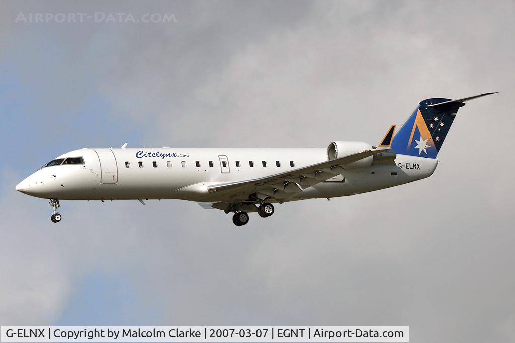 G-ELNX, 2001 Canadair CRJ-200LR (CL-600-2B19) C/N 7508, Canadair CL-600-2B19 Regional Jet CRJ-200ER on approach to rwy 25 at Newcastle Airport, UK.
