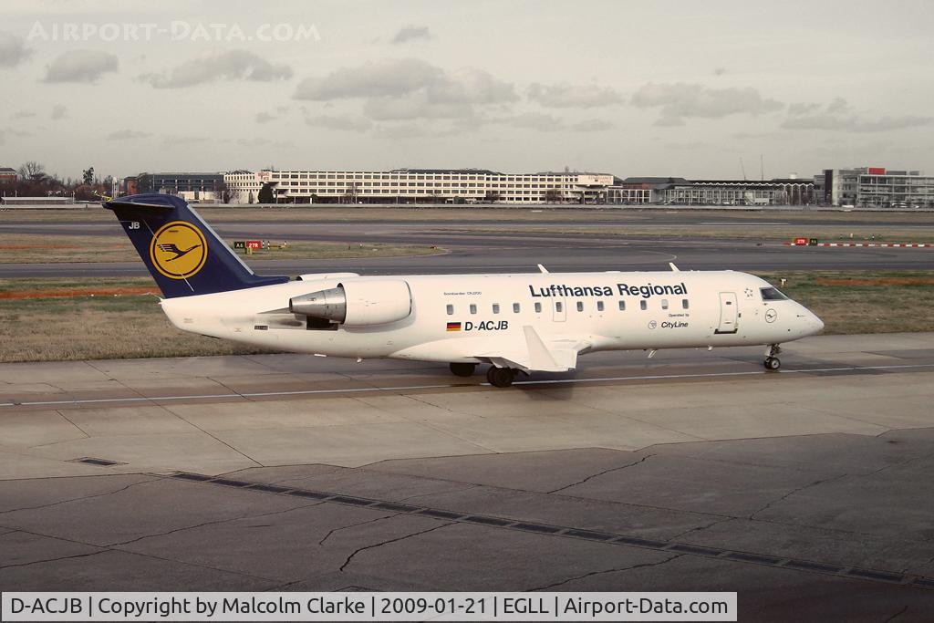 D-ACJB, 1996 Canadair CRJ-100LR (CL-600-2B19) C/N 7128, Canadair CL-600-2B19 Regional Jet CRJ-200ER at Heathrow Airport, UK.
