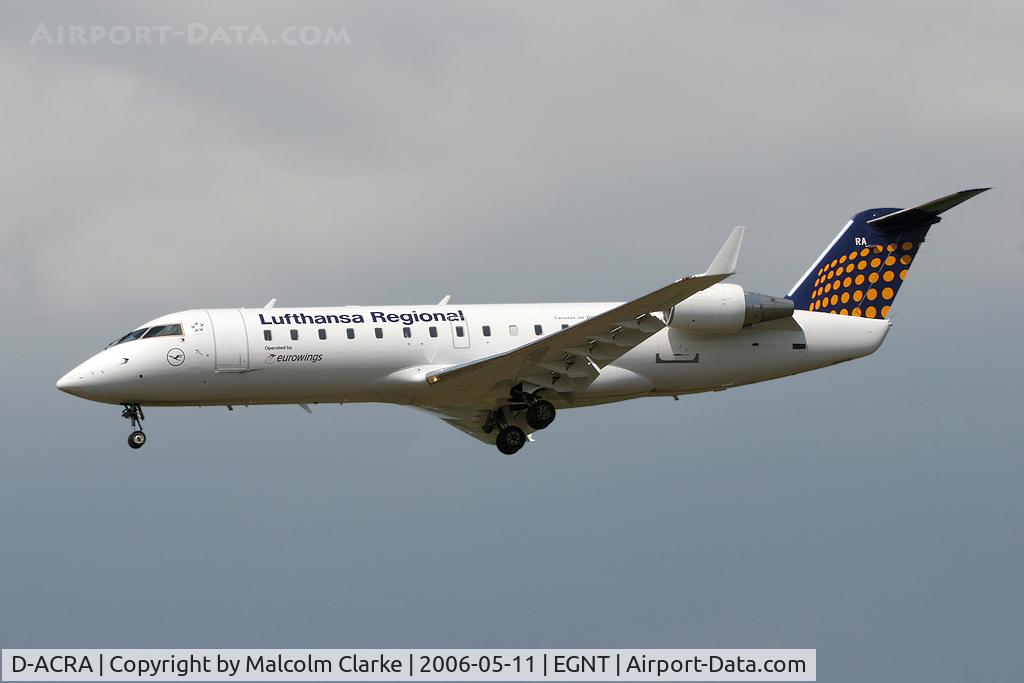 D-ACRA, Canadair CRJ-200ER (CL-600-2B19) C/N 7567, Canadair CL-600-2B19 Regional Jet CRJ-200ER on approach to rwy 25 at Newcastle Airport, UK.