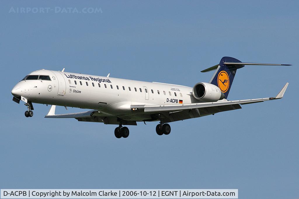 D-ACPB, 2001 Canadair CRJ-701ER (CL-600-2C10) Regional Jet C/N 10013, Canadair CL-600-2C10 Regional Jet CRJ-701ER on approach to rwy 25 at Newcastle Airport, UK.