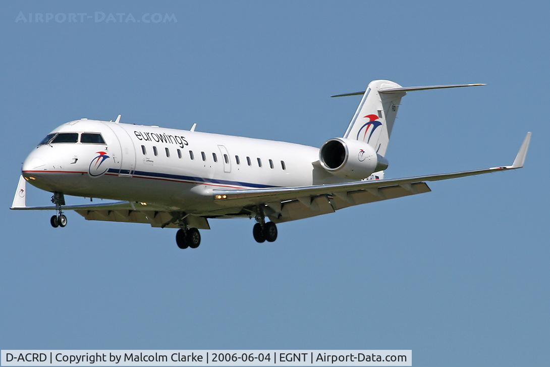 D-ACRD, Canadair CRJ-200ER (CL-600-2B19) C/N 7583, Canadair CL-600-2B19 Regional Jet CRJ-200ER on approach to rwy 25 at Newcastle Airport, UK.