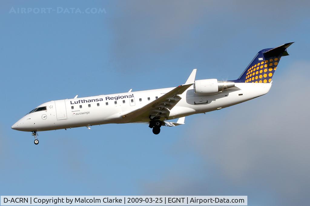 D-ACRN, 2001 Canadair CRJ-200LR (CL-600-2B19) C/N 7486, Canadair CL-600-2B19 Regional Jet CRJ-200LR on approach to rwy 25 at Newcastle Airport, UK.