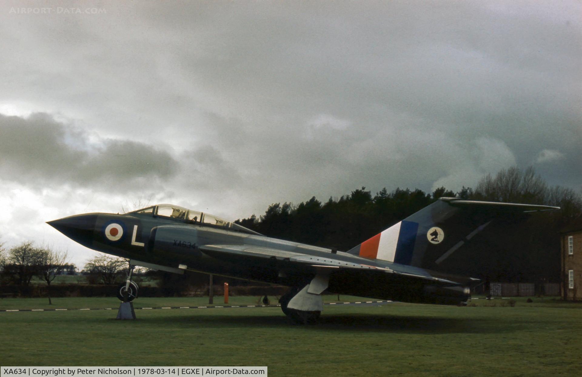 XA634, 1956 Gloster Javelin FAW.4 C/N Not found XA634, This Javelin FAW.4 in 228 Operational Conversion Unit markings was seen as a gate guardian at Leeming in March 1978 and is still present there.