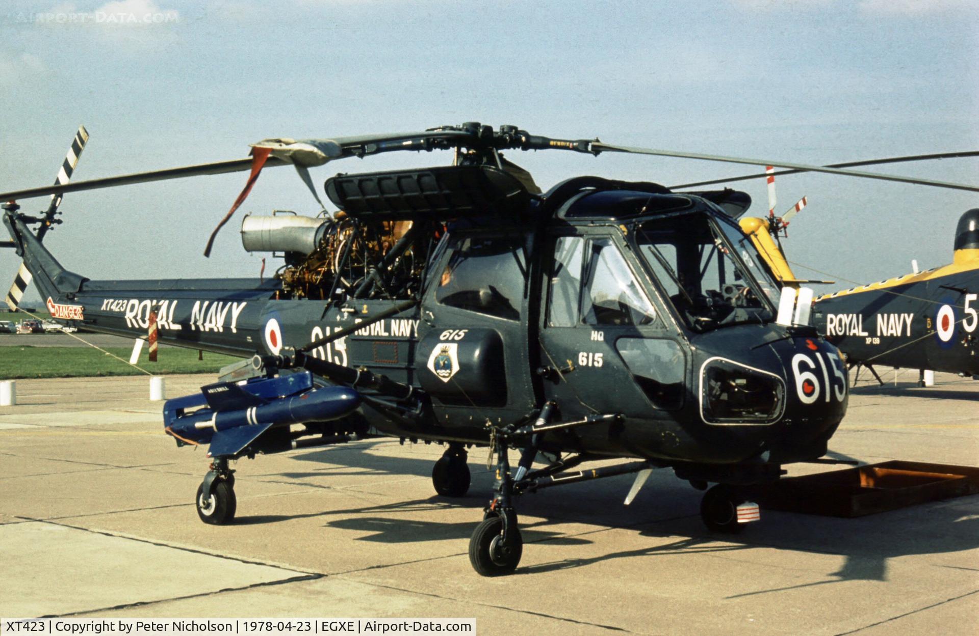XT423, 1967 Westland Wasp HAS.1 C/N F9593, Wasp HAS.1 of 829 Squadron in the static park at the 1978 Leeming Open Day.