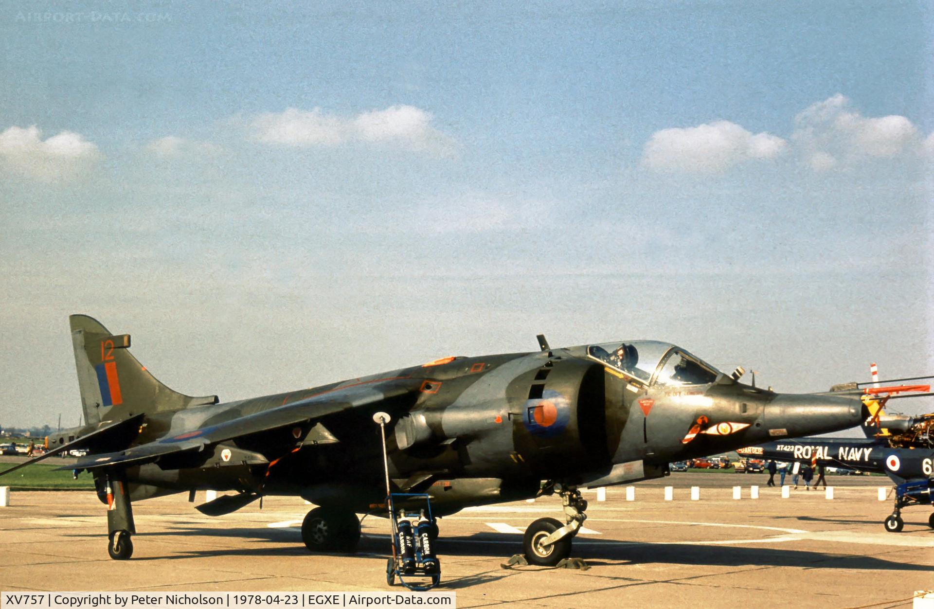 XV757, 1969 Hawker Siddeley Harrier GR.3 C/N 712020, Harrier GR.3 of 1 Squadron on display at the 1978 Leeming Open Day.