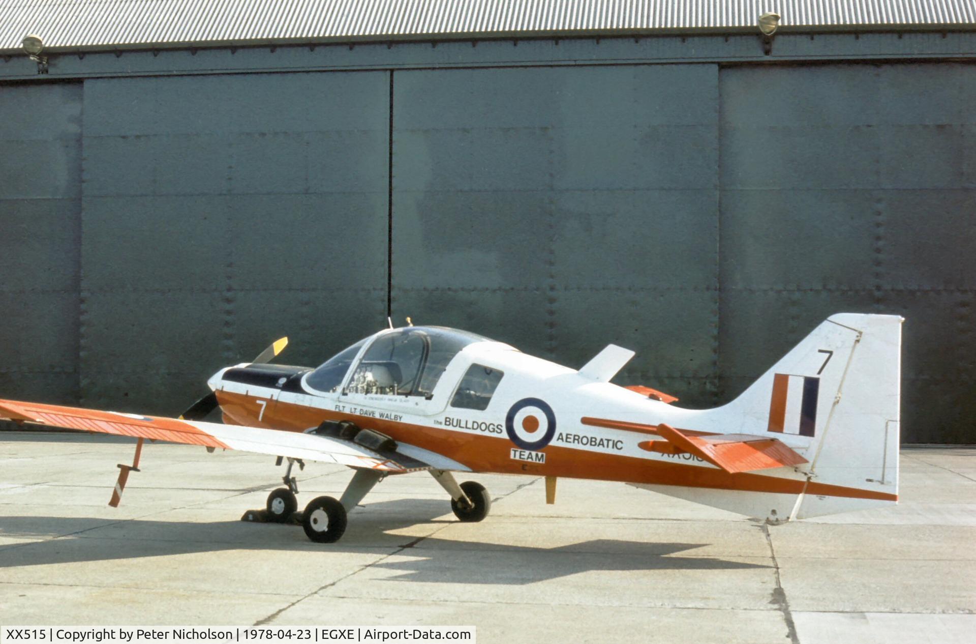 XX515, 1973 Scottish Aviation Bulldog T.1 C/N BH120/201, Bulldog T.1 of the Bulldogs Aerobatic Team on display at the 1978 Leeming Open Day.