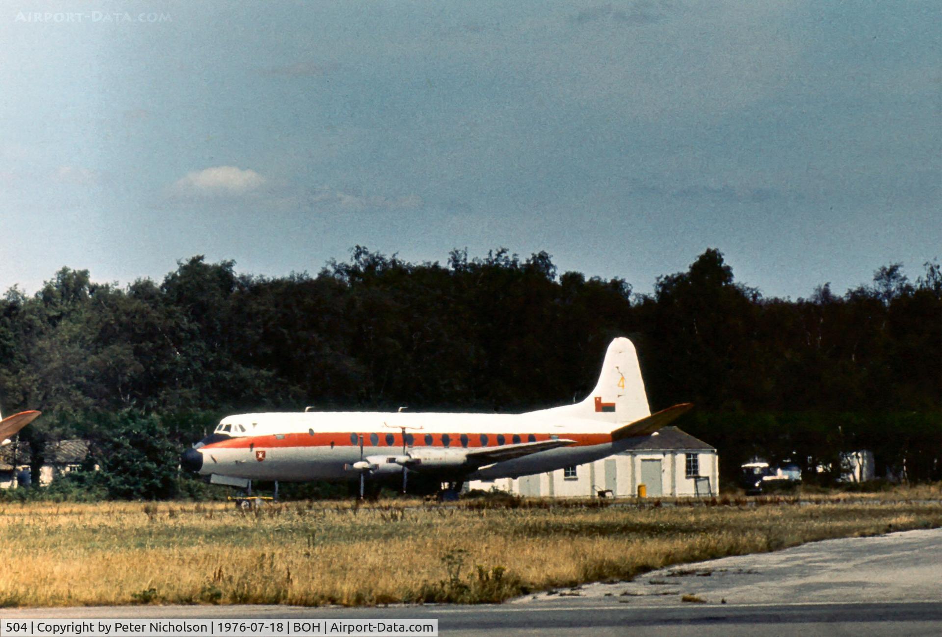 504, 1958 Vickers Viscount 808 C/N 423, Viscount 808C of the Sultan of Oman's Air Force seen at Bournemouth Hurn in the Summer of 1976.