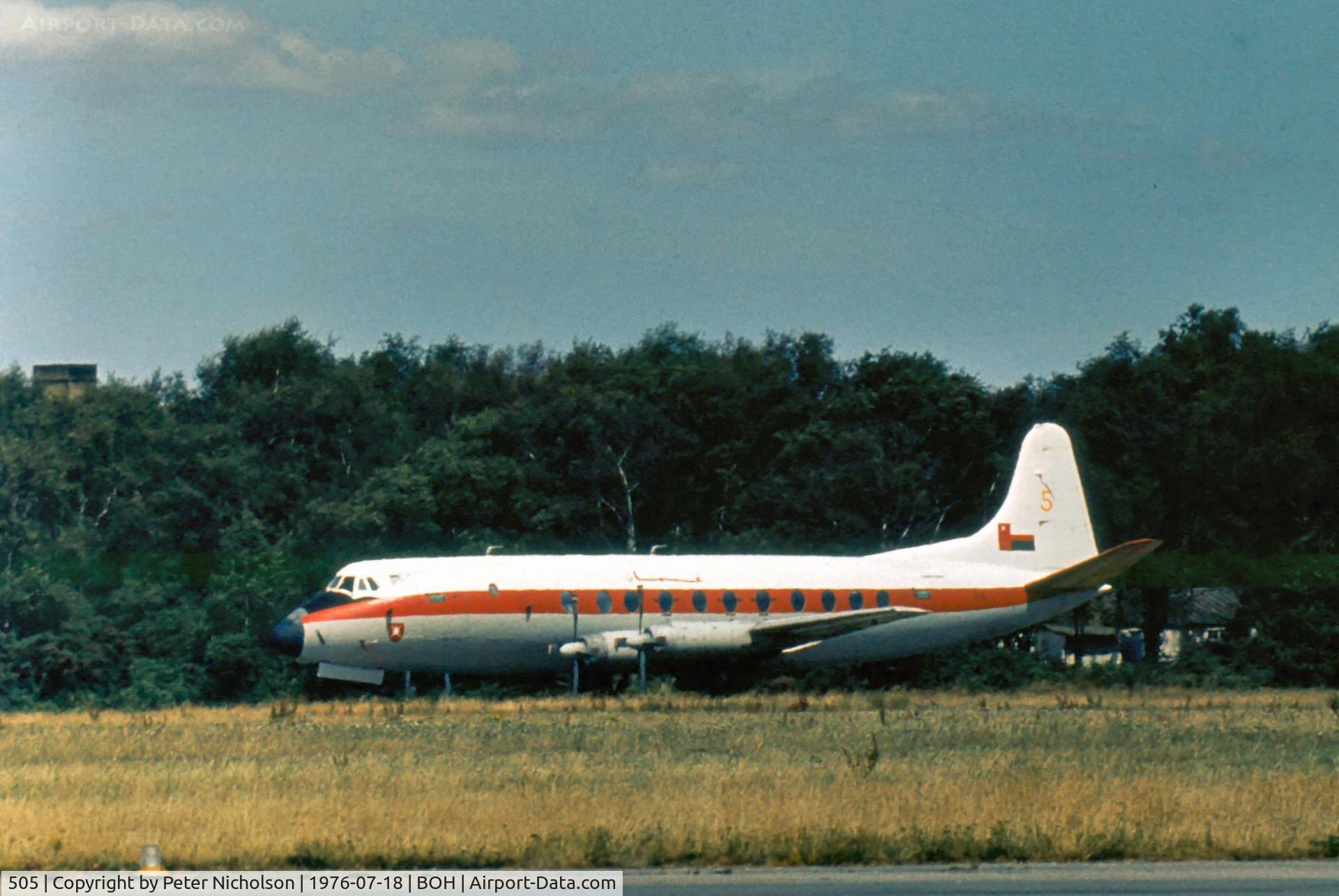 505, 1958 Vickers Viscount 808 C/N 421, Viscount 808C of the Sultan of Oman's Air Force seen at Bournemouth Hurn in the Summer of 1976.