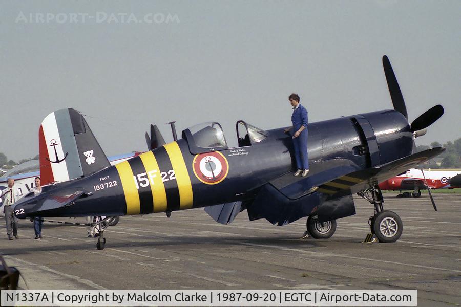 N1337A, 1952 Vought F4U-7 Corsair C/N 977, Vought F4U-7 at Cranfield Airport in 1987. As 133722, French Navy.