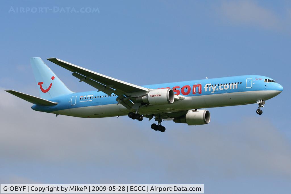 G-OBYF, 1998 Boeing 767-304 C/N 28208, Short final for Runway 23R.