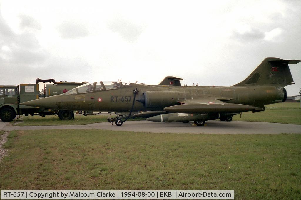 RT-657, Lockheed CF-104D Starfighter C/N 583A-5327, Lockheed CF-104D Starfighter. Originally built by under licence by Canadair as a CF-104D for the RCAF. Upgraded in 1971 to TF-104G standards and transferred to the RDAF, reserialled to 12657. Seen here at Mobilium, the Danish Air Museum, now closed.