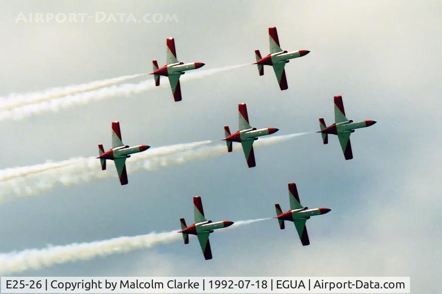 E25-26, CASA C-101EB Aviojet C/N EB01-26-026, Casa C-101EB Aviojet. The Spanish AF display team, the Guardian Eagles (Patrulla Aguila), performing at Upper Heyford in 1992.