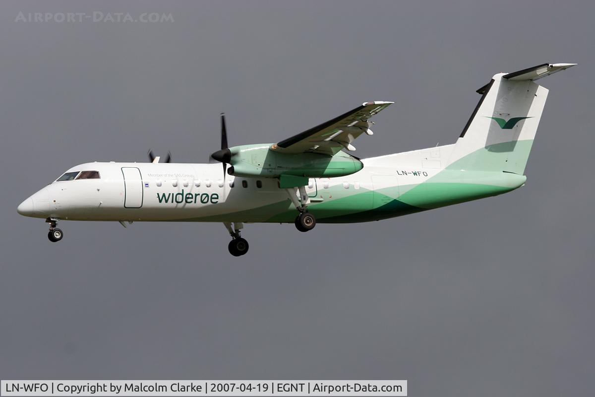 LN-WFO, 1997 De Havilland Canada DHC-8-311Q Dash 8 C/N 493, De Havilland Canada DHC-8-311Q Dash 8 on approach to rwy 25 at Newcastle Airport, UK.