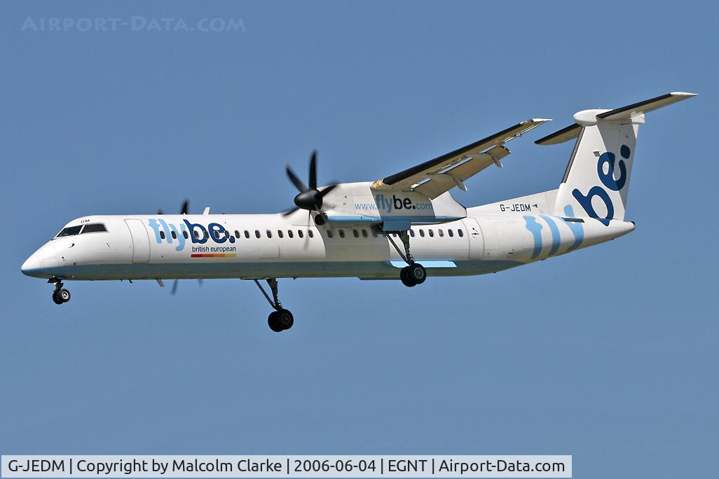 G-JEDM, 2003 De Havilland Canada DHC-8-402Q Dash 8 C/N 4077, Bombardier DHC-8-402Q Dash 8 on approach to rwy 25 at Newcastle Airport, UK.