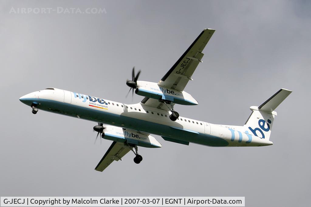 G-JECJ, 2005 De Havilland Canada DHC-8-402Q Dash 8 C/N 4110, Bombardier DHC-8-402Q Dash 8 on approach to rwy 25 at Newcastle Airport, UK.