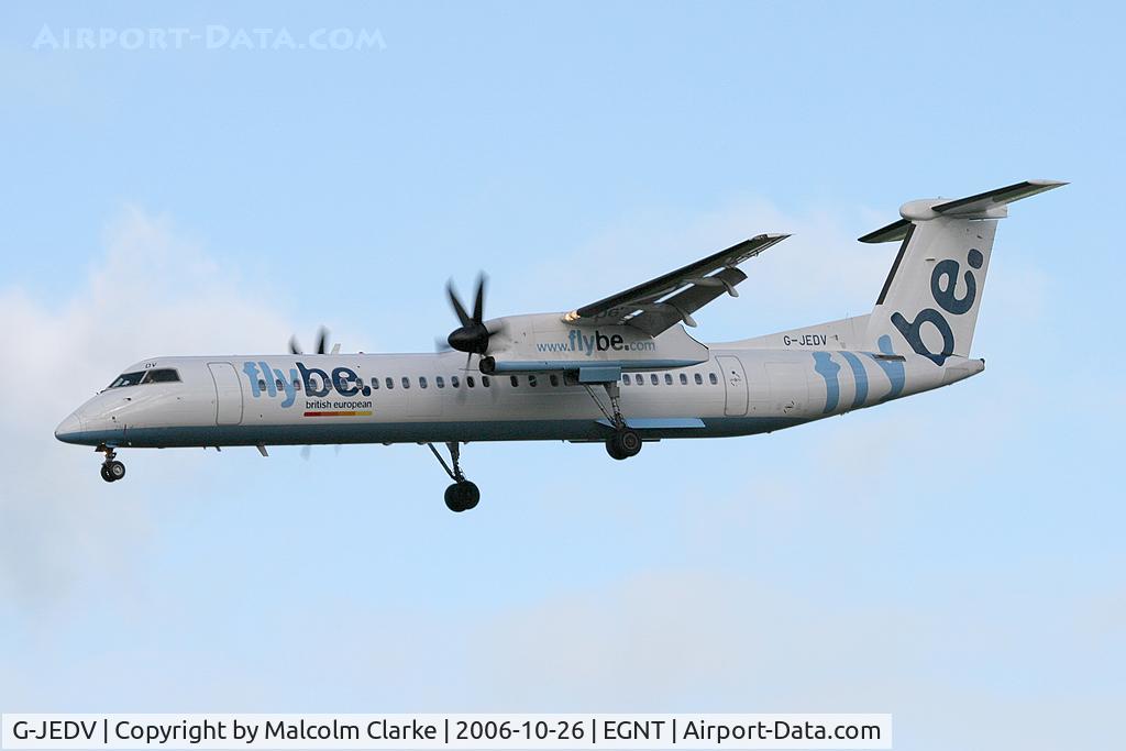 G-JEDV, 2004 De Havilland Canada DHC-8-402Q Dash 8 C/N 4090, Bombardier DHC-8-402Q Dash 8 on approach to rwy 25 at Newcastle Airport, UK.