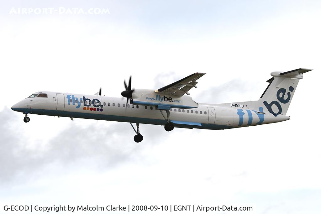 G-ECOD, 2008 De Havilland Canada DHC-8-402Q Dash 8 C/N 4206, De Havilland Canada DHC-8-402Q Dash 8 on approach to rwy 25 at Newcastle Airport, UK.