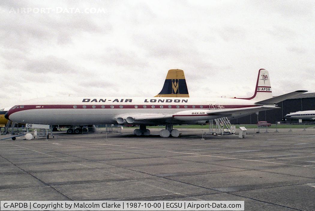 G-APDB, 1958 De Havilland DH.106 Comet 4 C/N 6403, De Havilland DH106 Comet 4 at the Imperial War Museum, Duxford in 1987. Regd May 2nd 1957 to BOAC and first flew July 27nd 1958 at Hatfield. She made the first Atlantic crossing by passenger jet with fare-paying passengers on October 4th 1958.