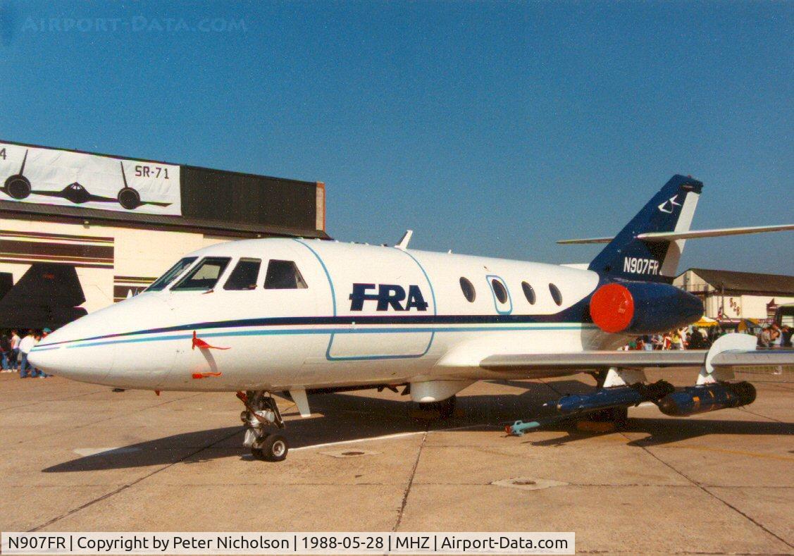 N907FR, Dassault Fan Jet Falcon (20D) C/N 224, Falcon 20DC of FR Aviation complete with ECM jamming pods in the static park of the 1988 Mildenhall Air Fete.