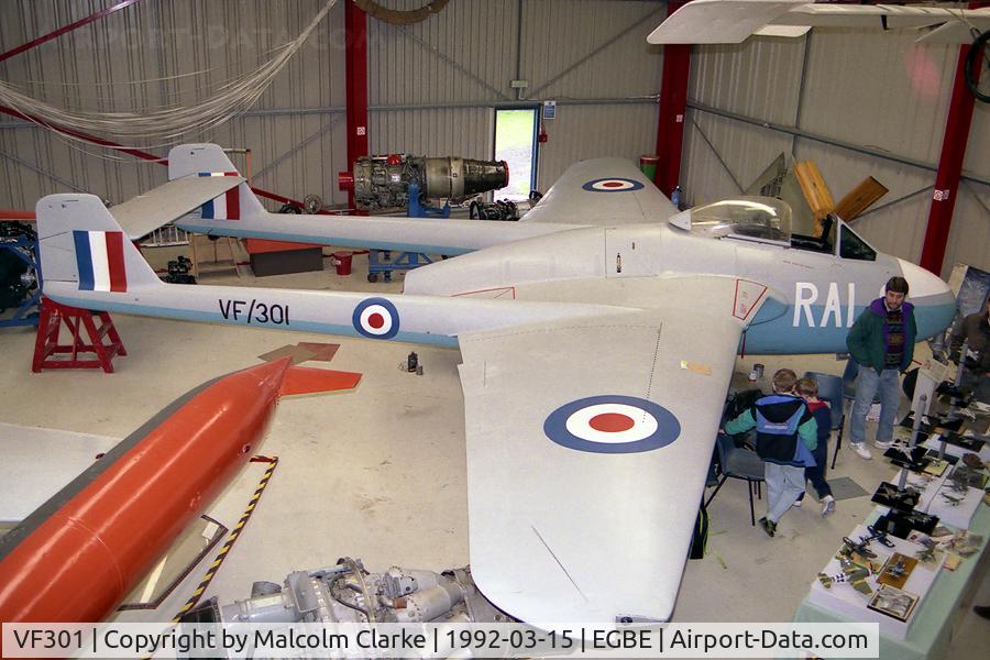 VF301, De Havilland Vampire F.1 C/N Not found VF301, De Havilland D.H.100 Vampire F.1. Previously a gate guard at RAF Debden. Now the only Mk.1 Vampire left in the UK and one of only two in the world. At the Midland Air Museum. Painted in the colours of the local 605 sqn.