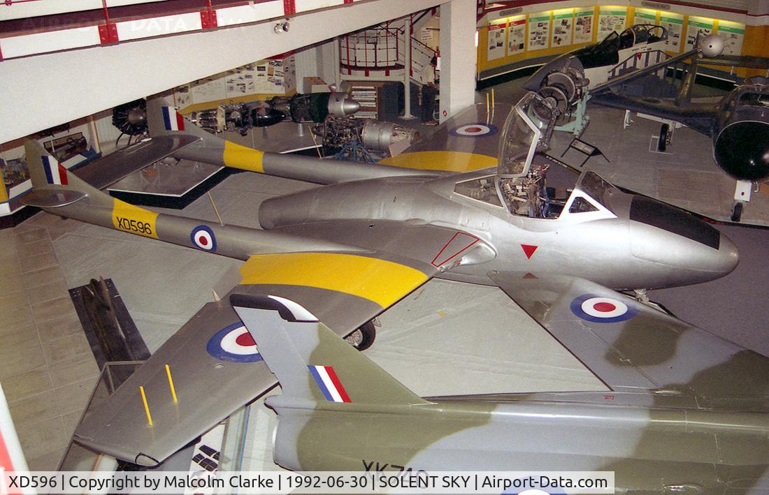 XD596, De Havilland DH-115 Vampire T.11 C/N 15534, De Havilland Vampire T11 (DH-115) at Southampton's Hall of Aviation in 1992. The RAF's first jet trainer developed from the NF10, having longer larger nose and side by side seats. Over 800 aircraft of this type were built.