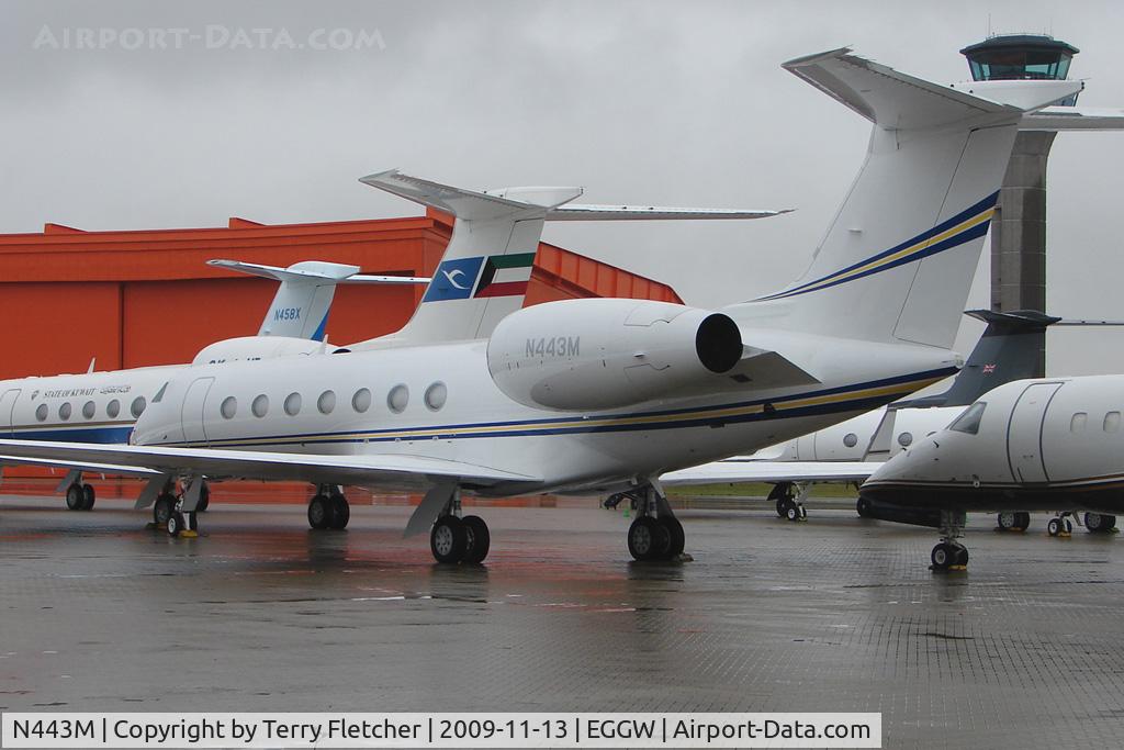 N443M, 2008 Gulfstream Aerospace GV-SP (G550) C/N 5199, G550 on a crowded Stand 16 at Luton