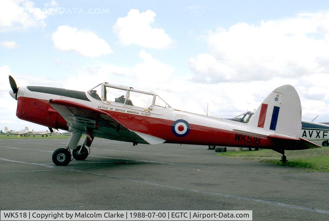 WK518, 1952 De Havilland DHC-1 Chipmunk T.10 C/N C1/0555-DHB.f443, De Havilland DHC-1 Chipmunk T10 at Cranfield Airport in 1988. Serving with the RAF Battle of Britain Memorial Flight, RAF Coningsby.
