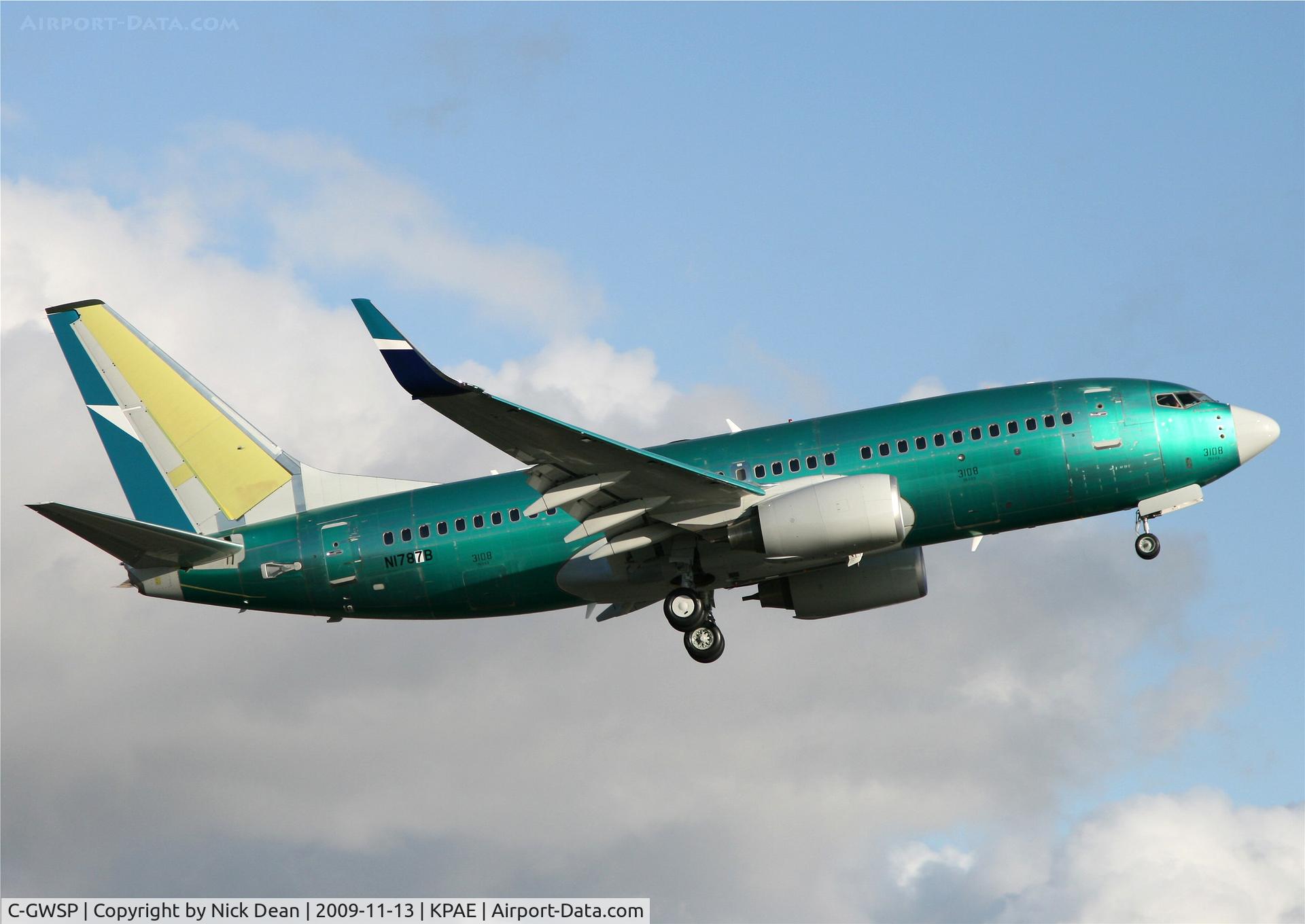 C-GWSP, 2009 Boeing 737-7CT C/N 36693, KPAE Boeing 993 carrying test reg N1787B pitching up after the 16R ILS approach on the first flight KRNT-KPAE-KBFI