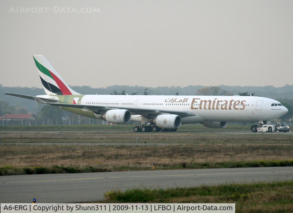 A6-ERG, Airbus A340-541 C/N 608, Trackted to Lagardere plant after more 5 month repair due to a tail strike...