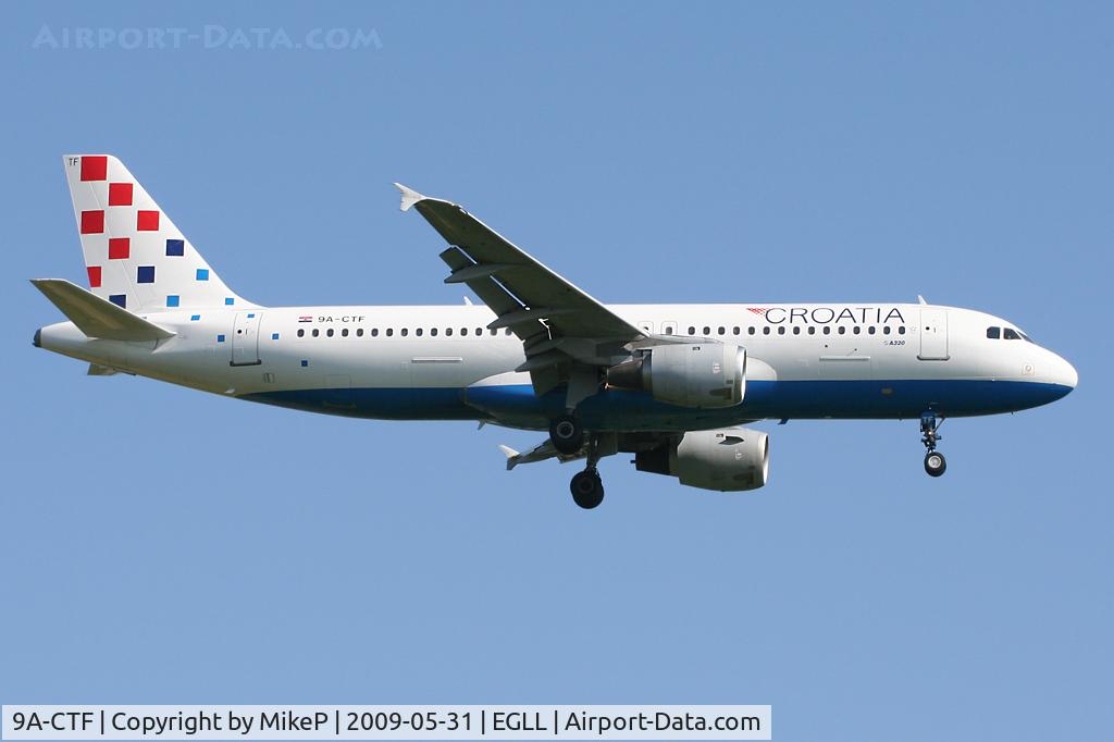 9A-CTF, 1991 Airbus A320-211 C/N 258, Short final to 09L at Heathrow.