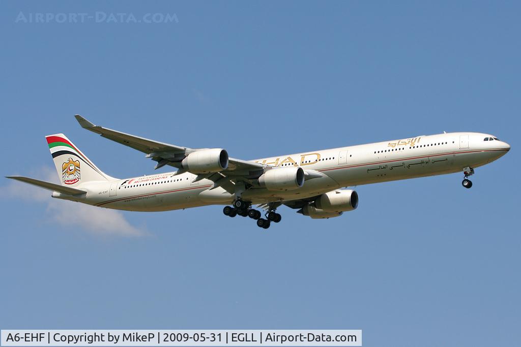 A6-EHF, 2007 Airbus A340-642X C/N 837, Short final to 09L at Heathrow.