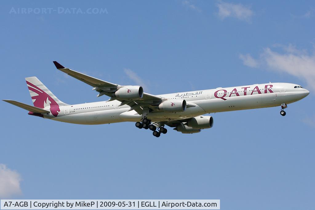 A7-AGB, 2005 Airbus A340-642X C/N 715, Short final to 09L at Heathrow.