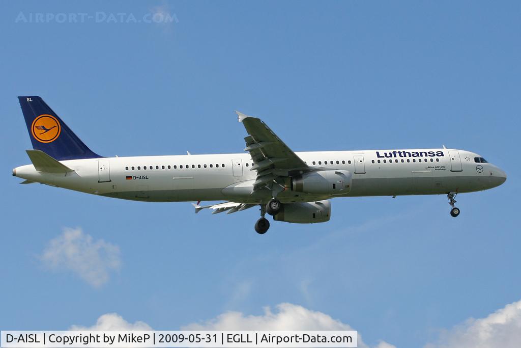 D-AISL, 2008 Airbus A321-231 C/N 3434, Short final to 09L at Heathrow.
