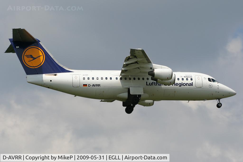 D-AVRR, 1997 BAE Systems Avro 146-RJ85 C/N E.2317, Short final to 09L at Heathrow.