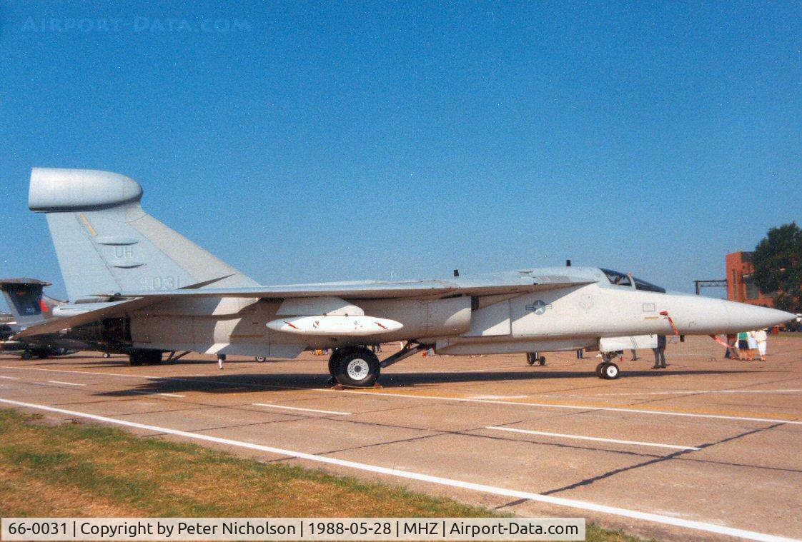 66-0031, 1966 General Dynamics EF-111A Raven C/N EF-04, EF-111A Raven of 42nd Electronic Combat Squadron/66th Electronic Combat Wing at RAF Upper Heyford on display at the 1988 Mildenhall Air Fete.