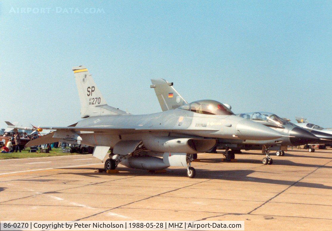 86-0270, 1986 General Dynamics F-16C Fighting Falcon C/N 5C-376, F-16C Falcon of 81st Tactical Fighter Squadron/52nd Tactical Fighter Wing on display at the 1988 Mildenhall Air Fete.