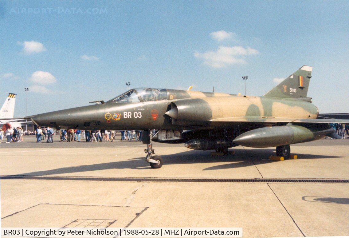BR03, SABCA Mirage 5BR C/N 303, Belgian Air Force Mirage 5BR of 42 Squadron in the static park at the 1988 Mildenhall Air Fete.