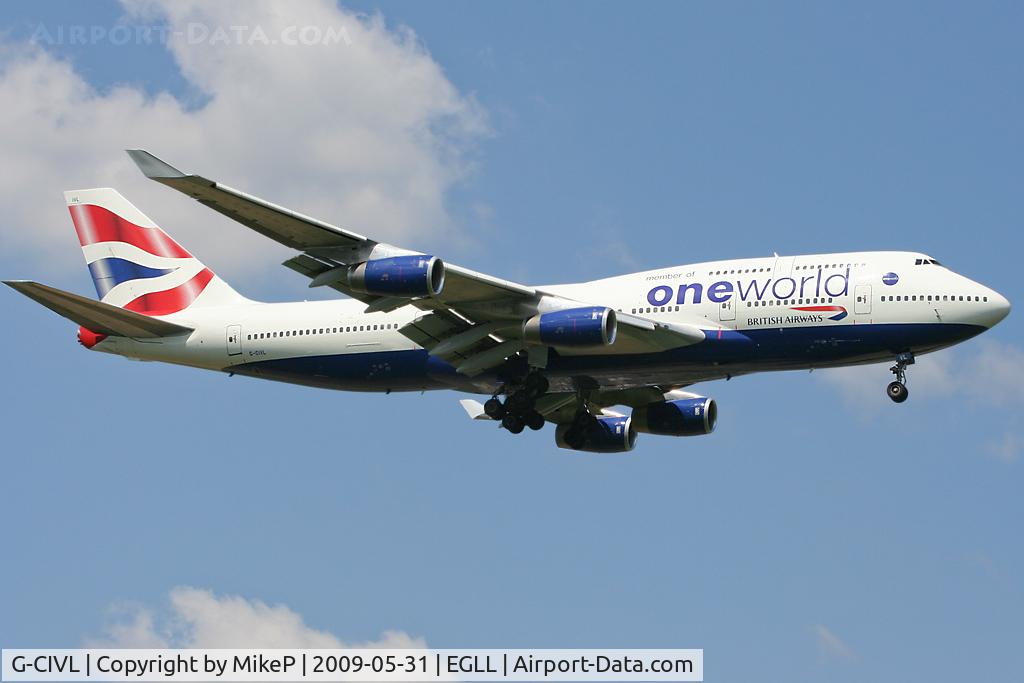G-CIVL, 1997 Boeing 747-436 C/N 27478, Short final to 09L at Heathrow.