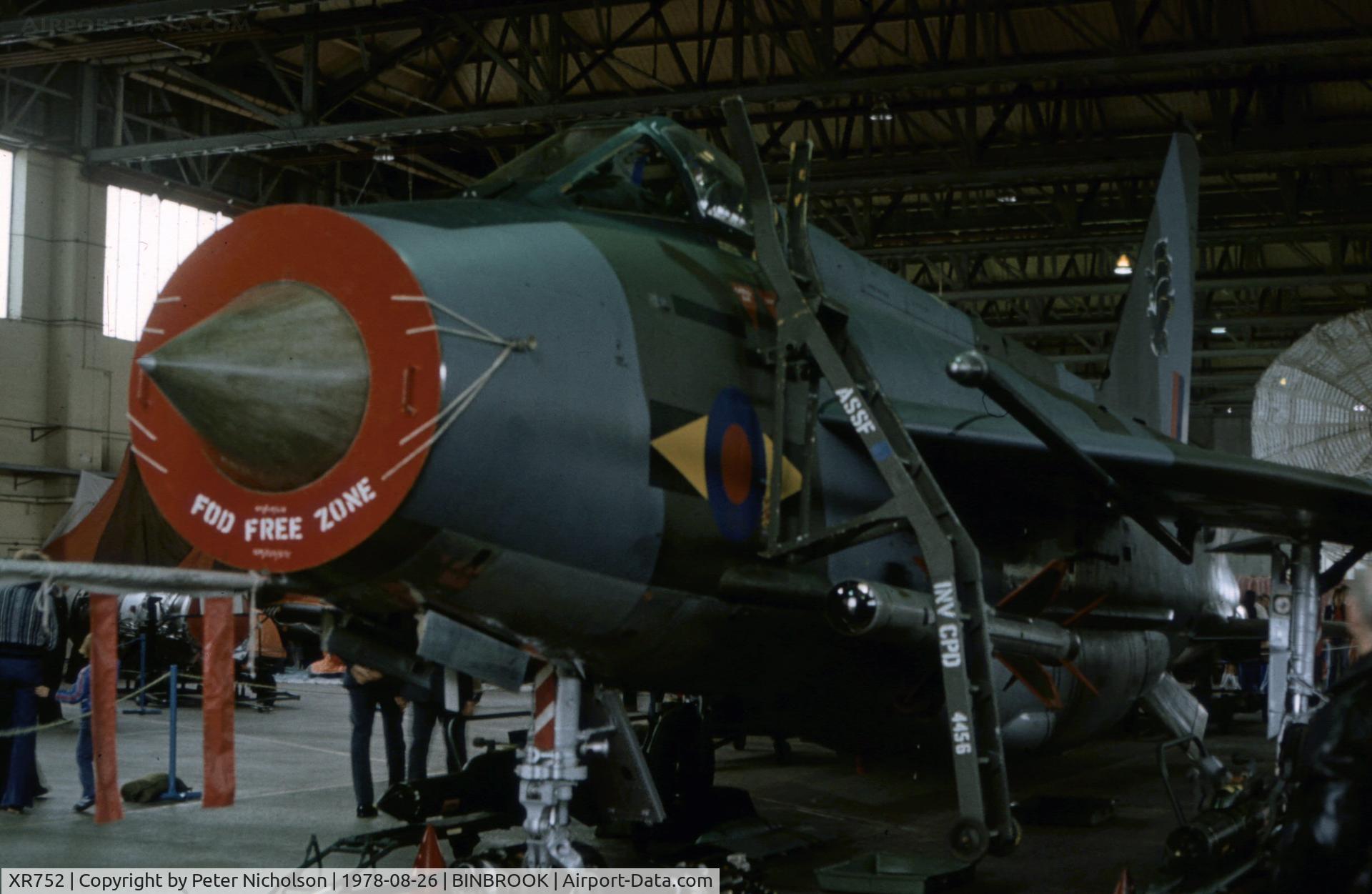 XR752, 1965 English Electric Lightning F.6 C/N 95217, Lightning F.6 of 11 Squadron was in a hanger display at the 1978 Binbrook Open Day.