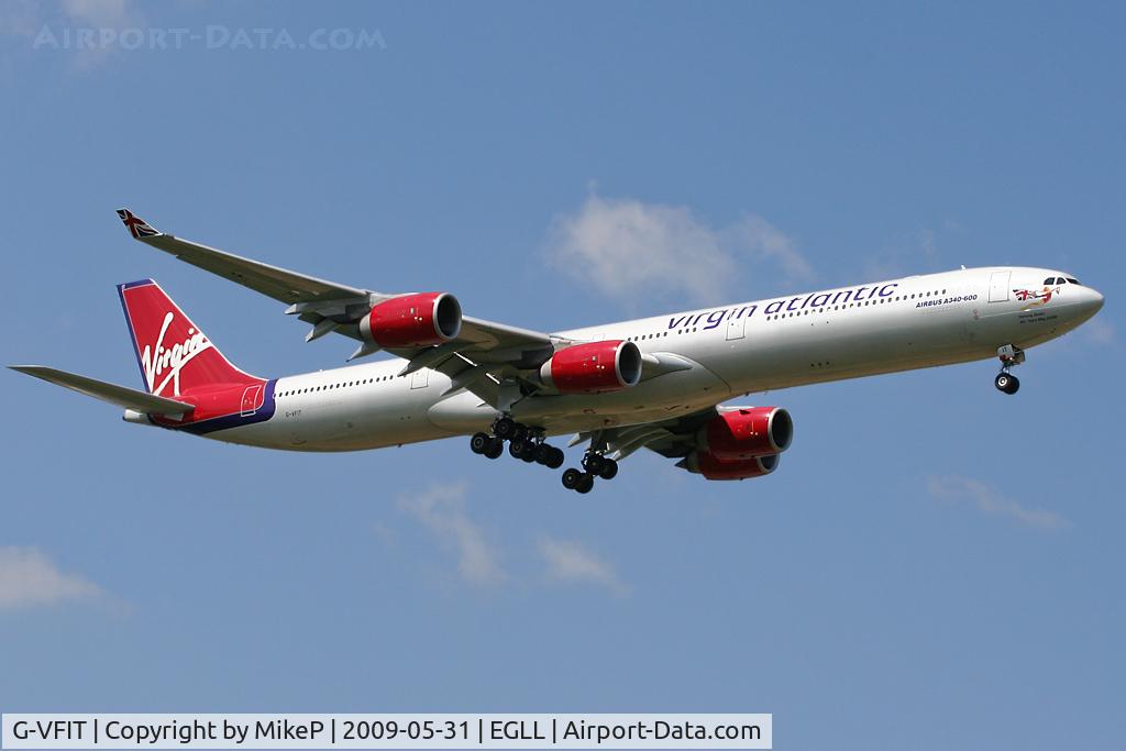 G-VFIT, 2006 Airbus A340-642 C/N 753, Short final to 09L at Heathrow.