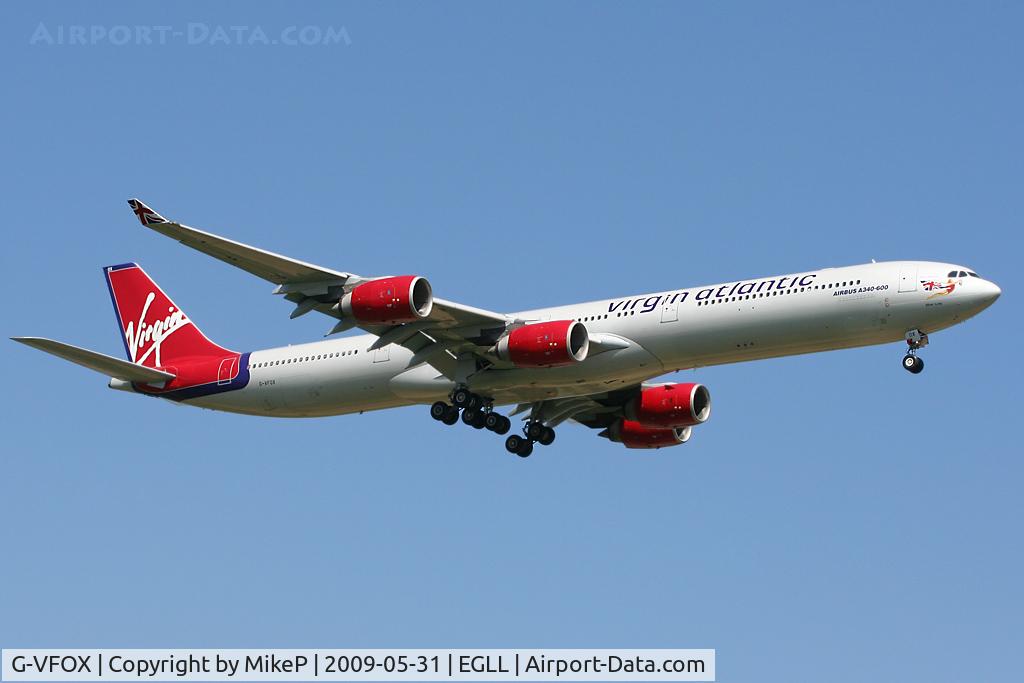 G-VFOX, 2002 Airbus A340-642 C/N 449, Short final to 09L at Heathrow.