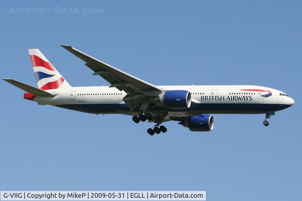G-VIIG, 1997 Boeing 777-236/ER C/N 27489, Short final to 09L at Heathrow.