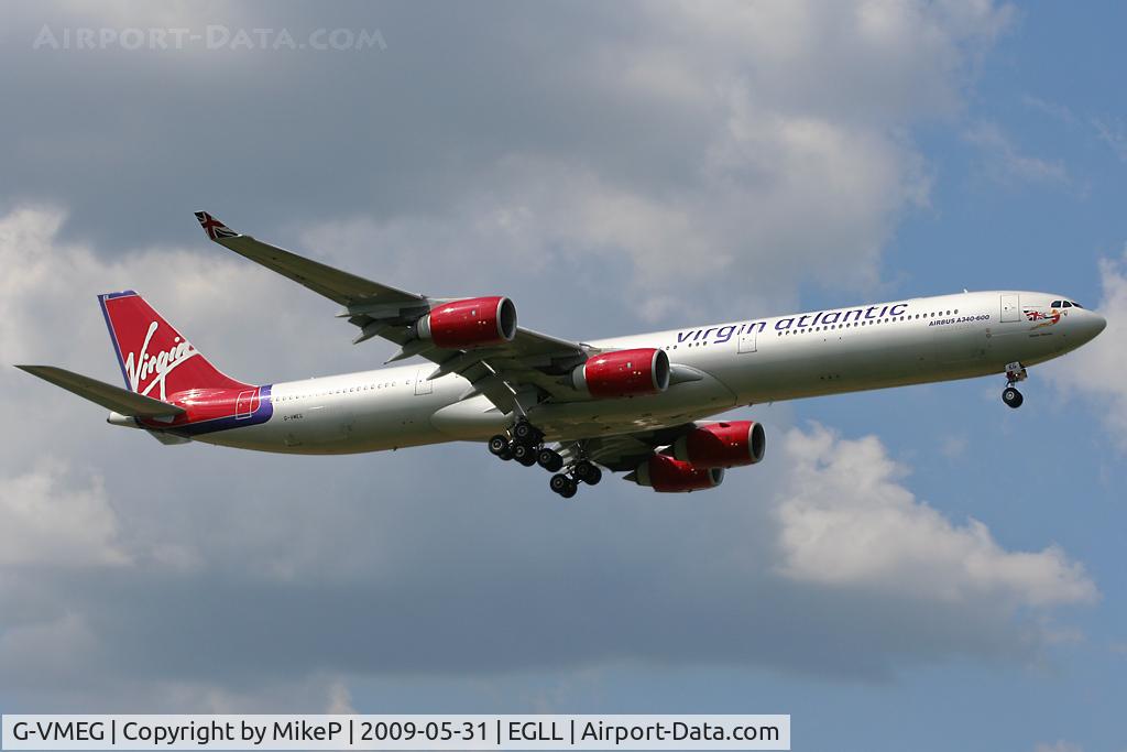 G-VMEG, 2002 Airbus A340-642 C/N 391, Short final to 09L at Heathrow.