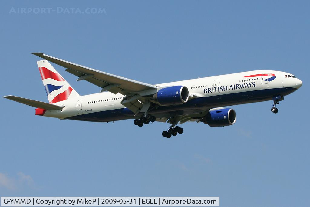 G-YMMD, 2000 Boeing 777-236 C/N 30305, Short final to 09L at Heathrow.